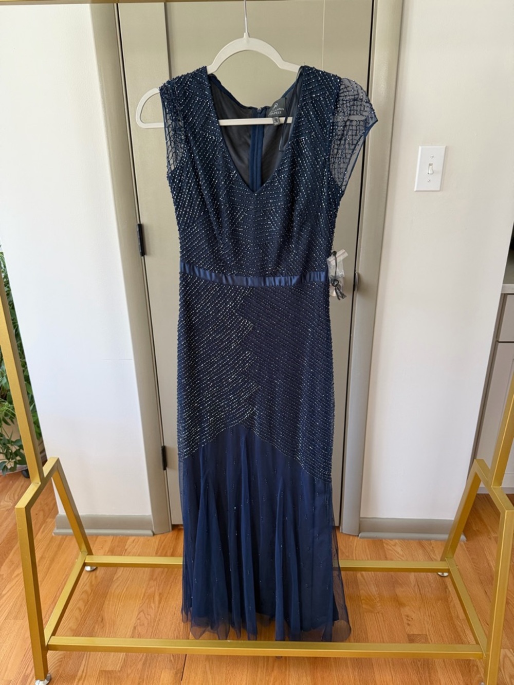 Adrianna Papell Navy Beaded V-Neck Maxi Dress